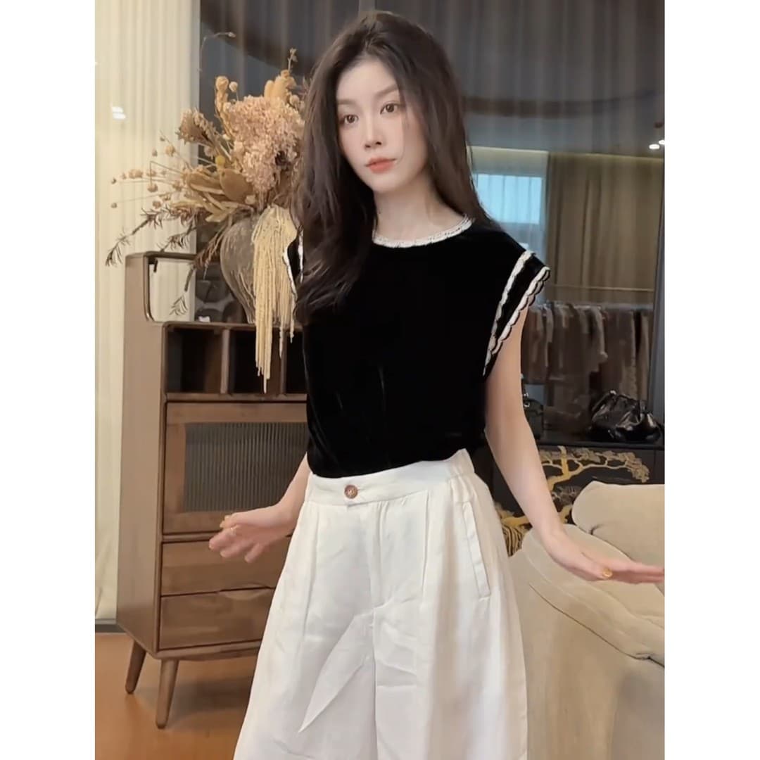 정가 프랑스식 빛 럭셔리 바람 레이스 레이스 벨벳 작은 날다 소매 티셔츠 여성 여름 새로운 작은 대중 연령 감소 맨위 상세 이미지 5