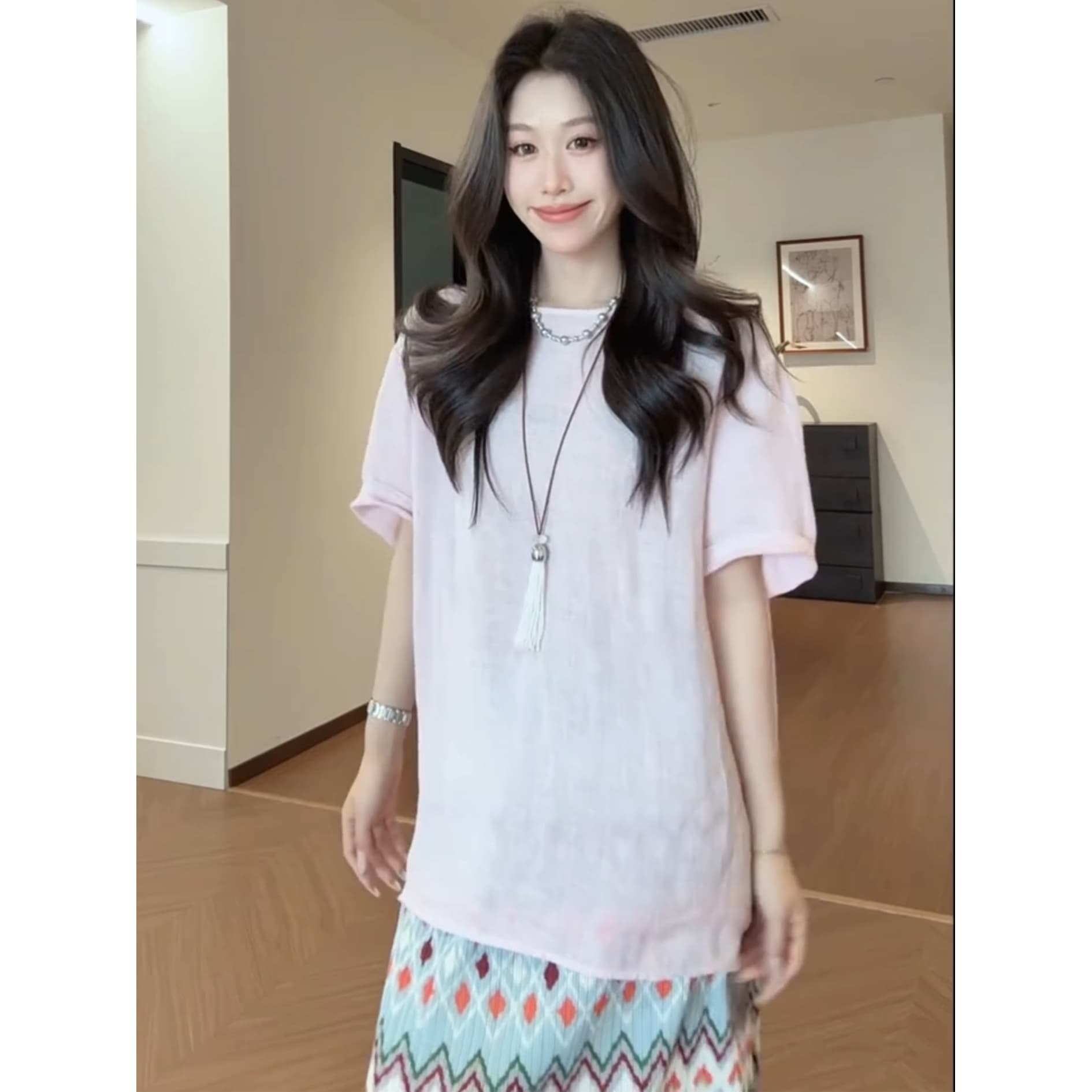 정가 프랑스식 느긋한 바람 루즈핏 반팔 티셔츠 맨위 여성 하이웨이스트 슬림해 보이는 프린트 반신 치마 세트 상세 이미지 4