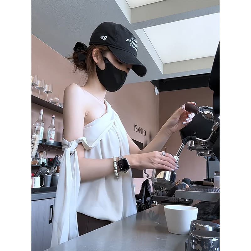 정가 프랑스식 순수한 욕망 불규칙 비스듬한 어깨 리본 민소매 조끼 여성 여름 새로운 작은 대중 디자인 연령 감소 맨위 이미지 4