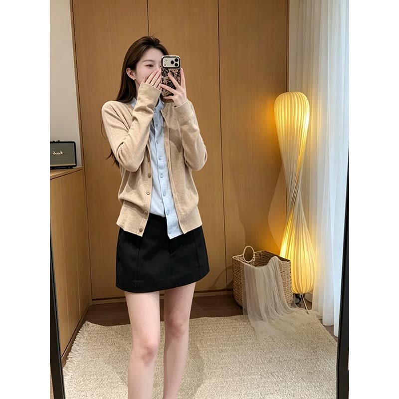 정가 프랑스식 페이크 레이어드 배색 니트 오픈 가디건 여성 여름 하이웨이스트 한 마디 반신 스커트 투피스 슈트 상세 이미지 5