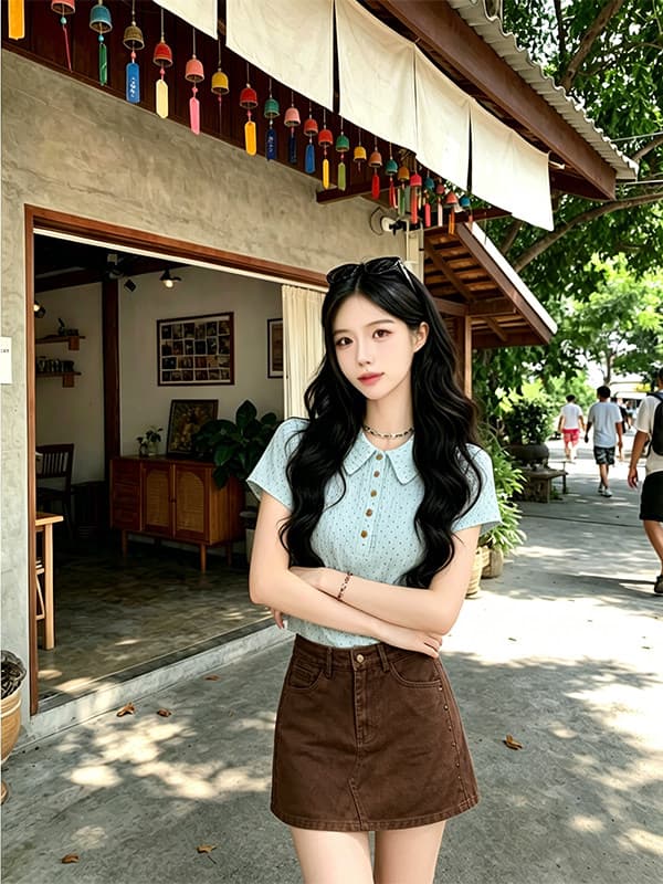정가 신선함 연령 감소 쇼트 스타일 몸매 가꾸기 POLO 칼라 맨위 여성 여름 새로운 다용도 징 데님 반신 치마 세트 상세 이미지 5