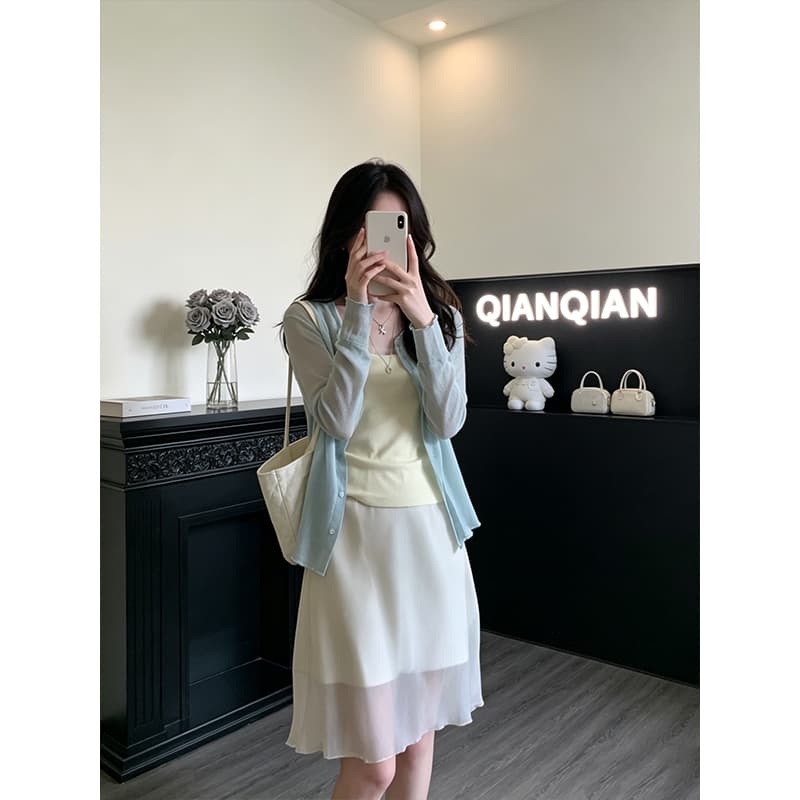 정가 한 부서 패션 자외선 차단 얇은 스타일 오픈 가디건 인사이드 가져 가라. 캐미솔 망사 패치워크 반신 스커트 상세 이미지 2