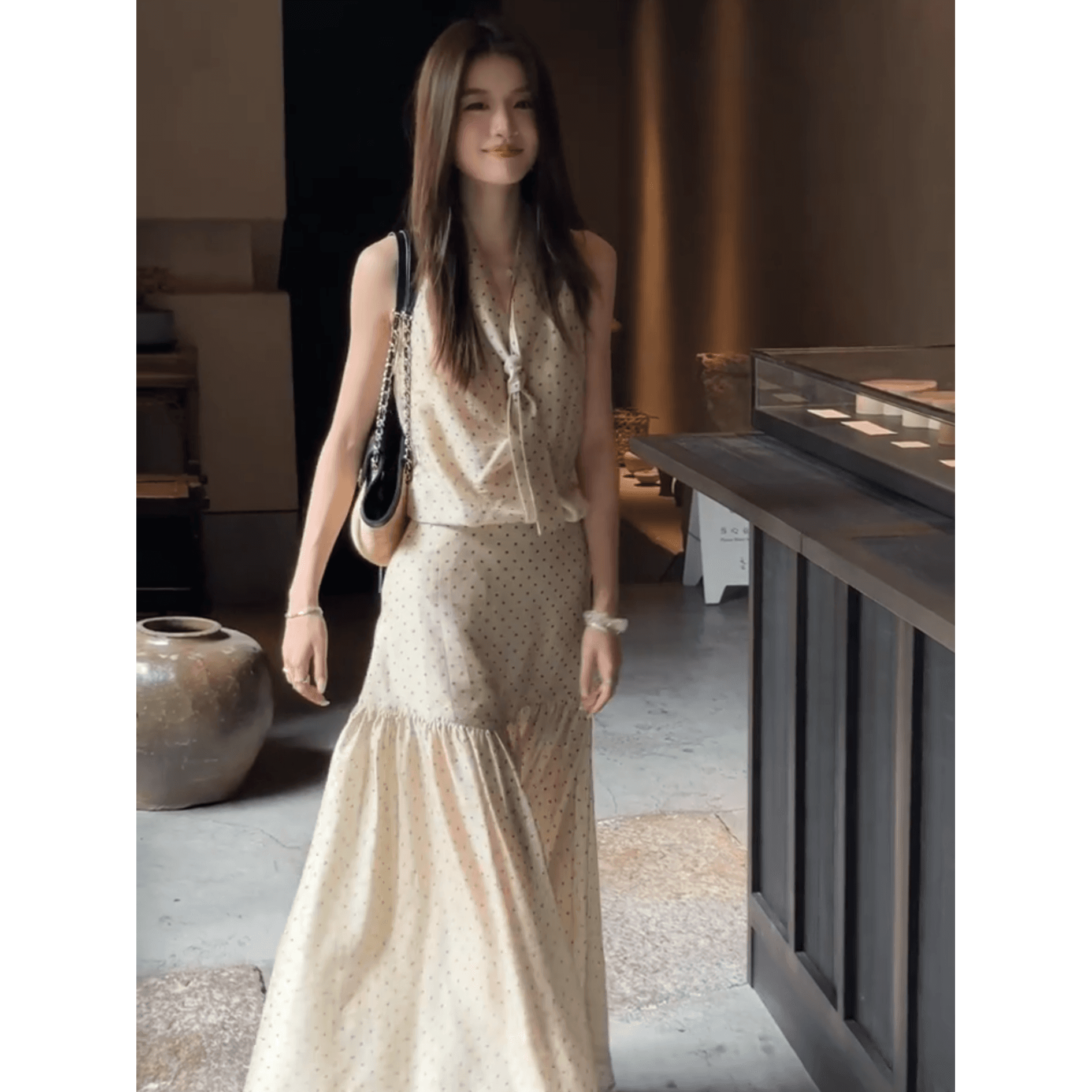 정가 프랑스식 도트 무늬 민소매 조끼 맨위 여성 여름 디자인 센스 하이웨이스트 한 마디 반신 치마 세트 이미지 5