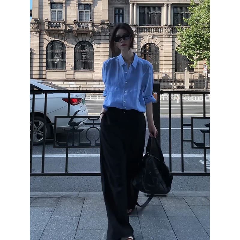 정가 출퇴근 바람 파란색 얇은 스타일 긴팔 셔츠 맨위 여성 여름 하이웨이스트 넓은 다리 캐주얼 바지 세트 이미지 2