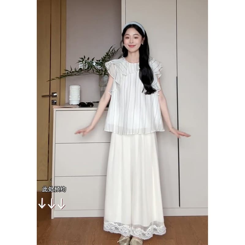 정가 한 부서 프랑스식 프릴 스트라이프 셔츠 맨위 여성 여름 새로운 루즈핏 캐주얼 바지 투피스 세트 이미지 2