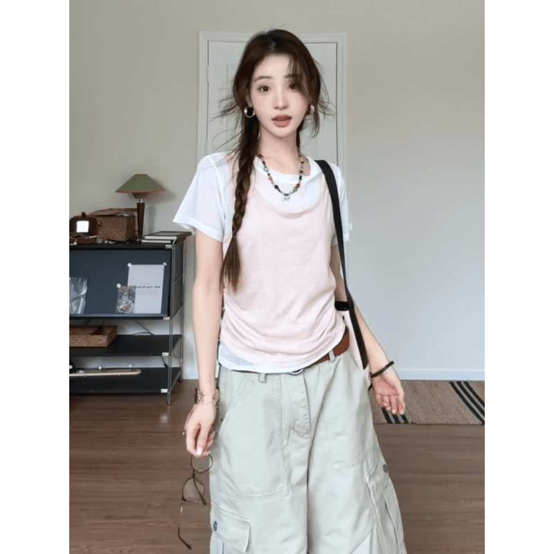 정가 한 부서 망사 페이크 레이어드 조끼 패치워크 반팔 티셔츠 여성 기타 주머니 7부 바지 투피스 세트 이미지 4