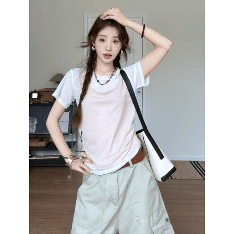정가 한 부서 망사 페이크 레이어드 조끼 패치워크 반팔 티셔츠 여성 기타 주머니 7부 바지 투피스 세트 이미지 3