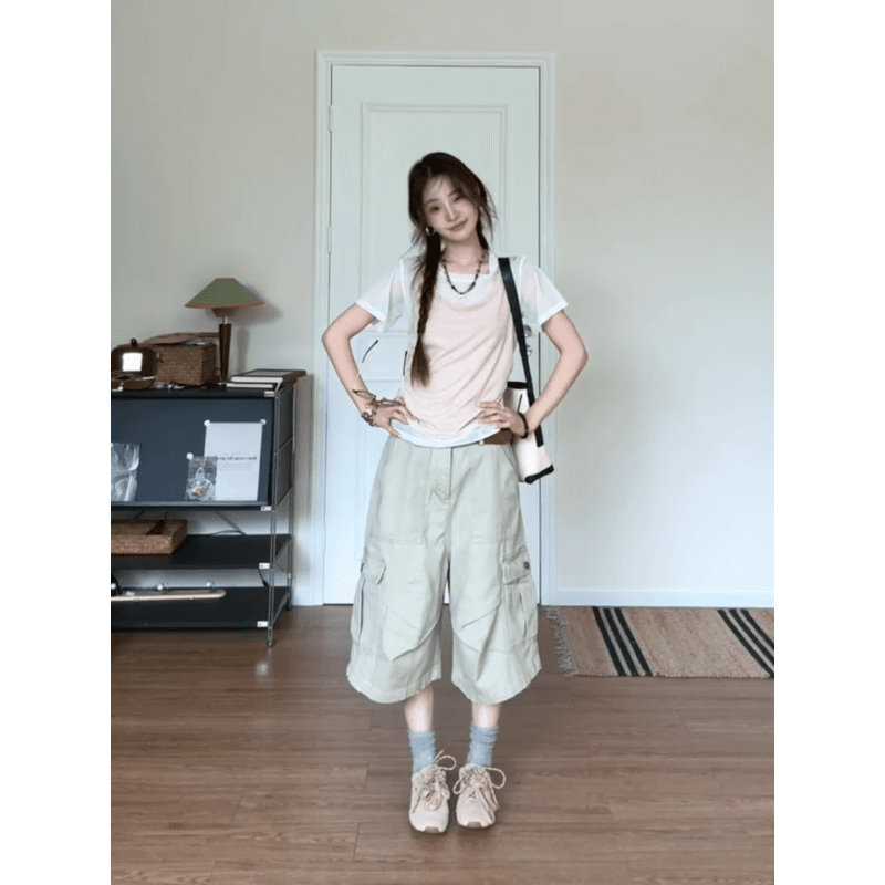 정가 한 부서 망사 페이크 레이어드 조끼 패치워크 반팔 티셔츠 여성 기타 주머니 7부 바지 투피스 세트 상세 이미지 4