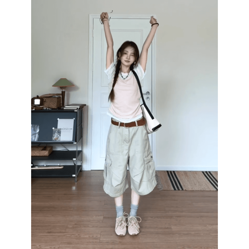 정가 한 부서 망사 페이크 레이어드 조끼 패치워크 반팔 티셔츠 여성 기타 주머니 7부 바지 투피스 세트 상세 이미지 5