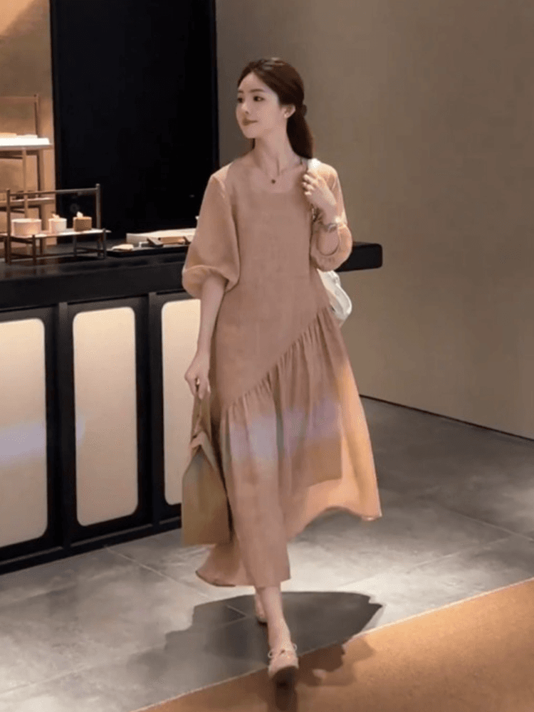 정가 재고 있음 부드러운 한 부서 질감 7부 소매 루즈핏 중 롱 스커트 여성 여름 비스듬한 자르다 연꽃 잎 슬림해 보이는 드레스 이미지 2
