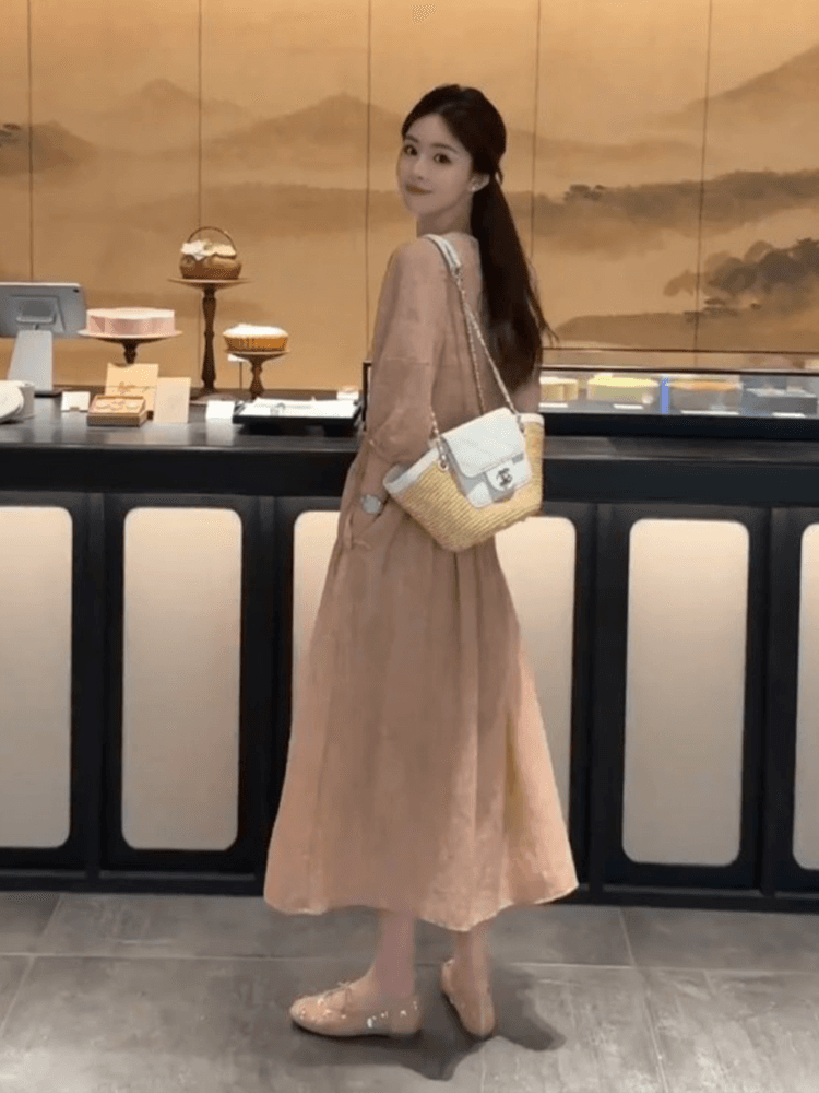 정가 재고 있음 부드러운 한 부서 질감 7부 소매 루즈핏 중 롱 스커트 여성 여름 비스듬한 자르다 연꽃 잎 슬림해 보이는 드레스 상세 이미지 2