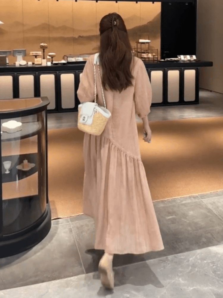 정가 재고 있음 부드러운 한 부서 질감 7부 소매 루즈핏 중 롱 스커트 여성 여름 비스듬한 자르다 연꽃 잎 슬림해 보이는 드레스 상세 이미지 4
