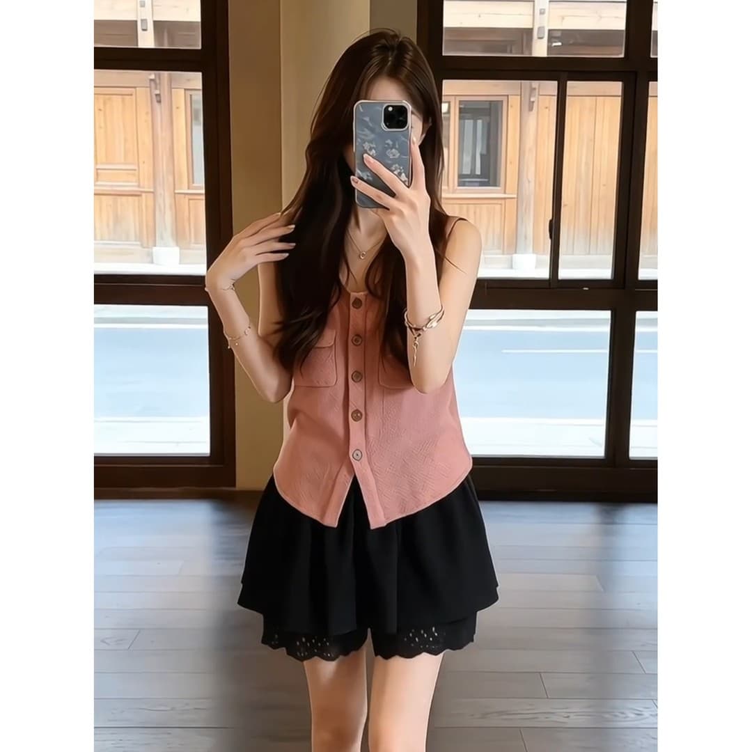 정가 한 부서 연령 감소 민소매 베스트 조끼 맨위 여성 여름 검정색 레이스 레이스 치마바지 세트 이미지 4