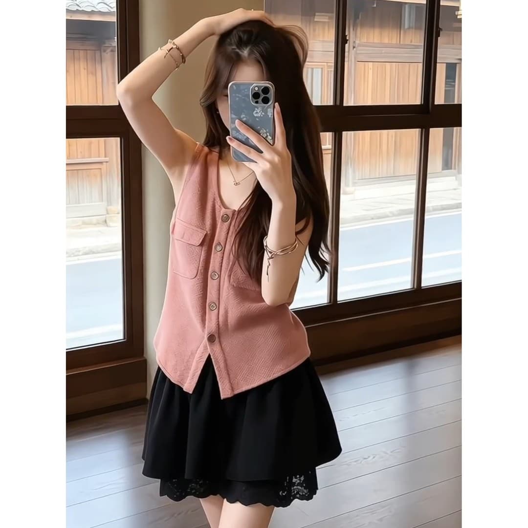 정가 한 부서 연령 감소 민소매 베스트 조끼 맨위 여성 여름 검정색 레이스 레이스 치마바지 세트 이미지 3