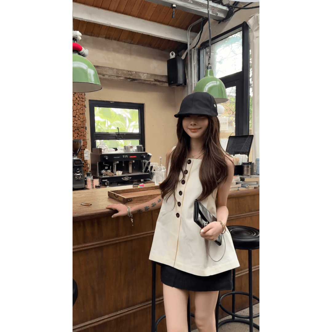 정가 한 부서 부드러운 바람 민소매 조끼 맨위 여성 여름 새로운 검정색 반신 치마바지 세트 이미지 5