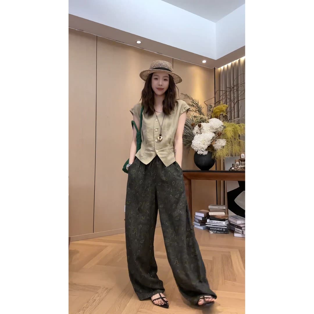 정가 레트로 빛 요리 한 바람 V넥 허리 수축 맨위 여름 디자인 센스 프린트 캐주얼 바지 출퇴근 세트 이미지 2