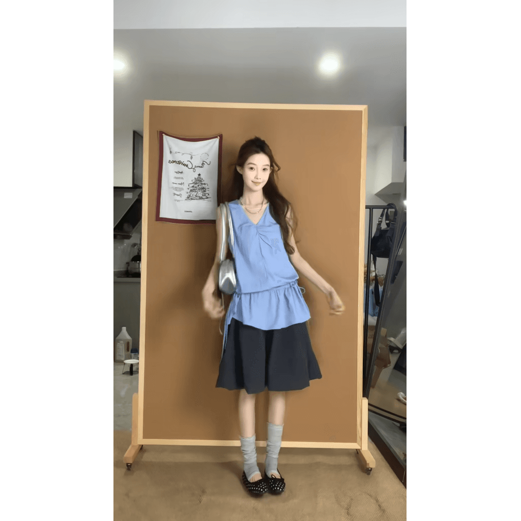정가 디자인 센스 V넥 핀치 Pleat 펌프 로프 조끼 맨위 여성 품격 하이웨이스트 슬림해 보이는 반신 치마 세트 이미지 3
