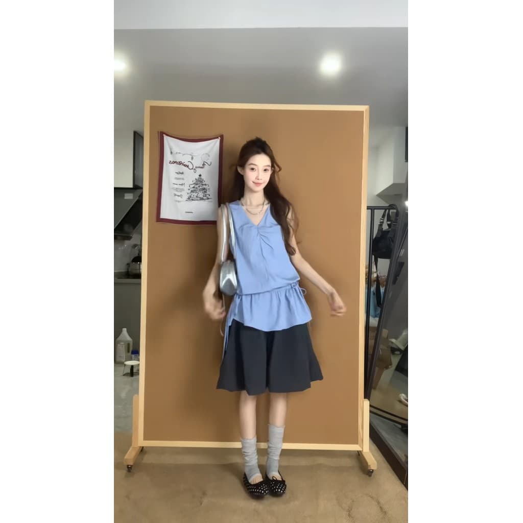 정가 디자인 센스 V넥 핀치 Pleat 펌프 로프 조끼 맨위 여성 품격 하이웨이스트 슬림해 보이는 반신 치마 세트 이미지 2