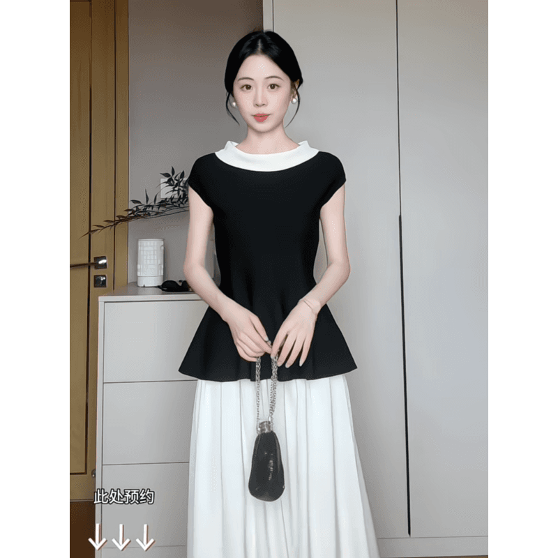 정가 프랑스식 우아함 바람 폴로 칼라 프릴 맨위 여성 여름 하이웨이스트 한 마디 꽃밭 반신 치마 세트 이미지 4