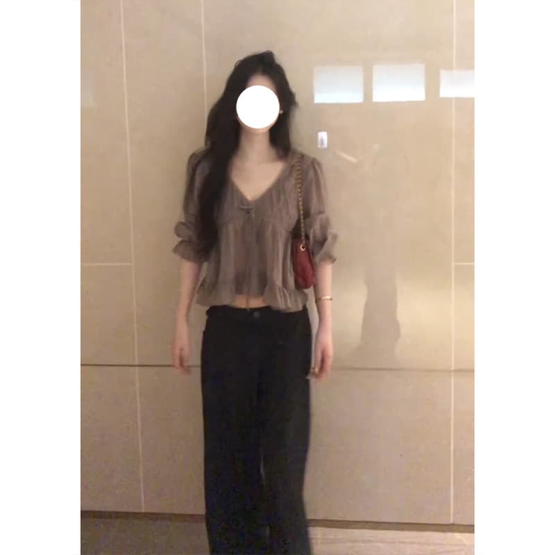정가 프랑스식 V넥 프릴 긴팔 셔츠 맨위 여성 여름 루즈핏 슬림해 보이는 와이드 레그 팬츠 세트 이미지 3