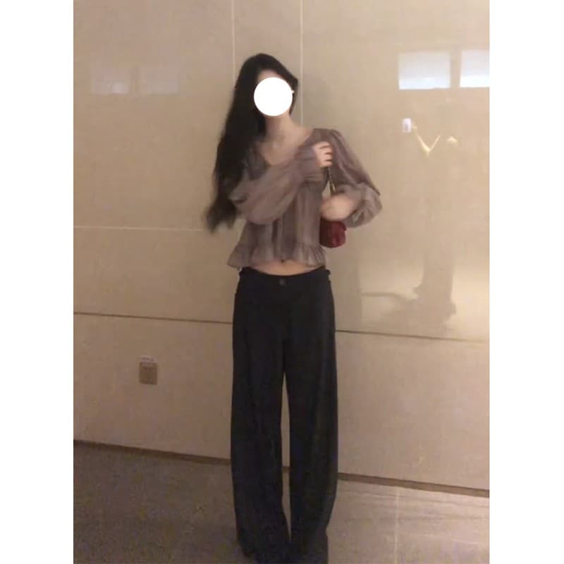 정가 프랑스식 V넥 프릴 긴팔 셔츠 맨위 여성 여름 루즈핏 슬림해 보이는 와이드 레그 팬츠 세트 상세 이미지 3