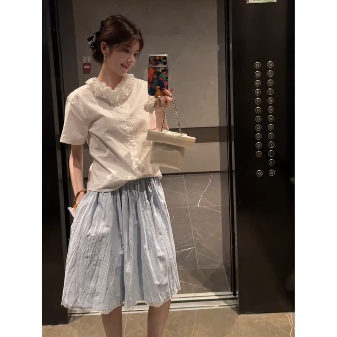 정가 프랑스식 3 차원 꽃 반팔 셔츠 맨위 여성 품격 하이웨이스트 슬림해 보이는 반신 치마 세트 상세 이미지 5