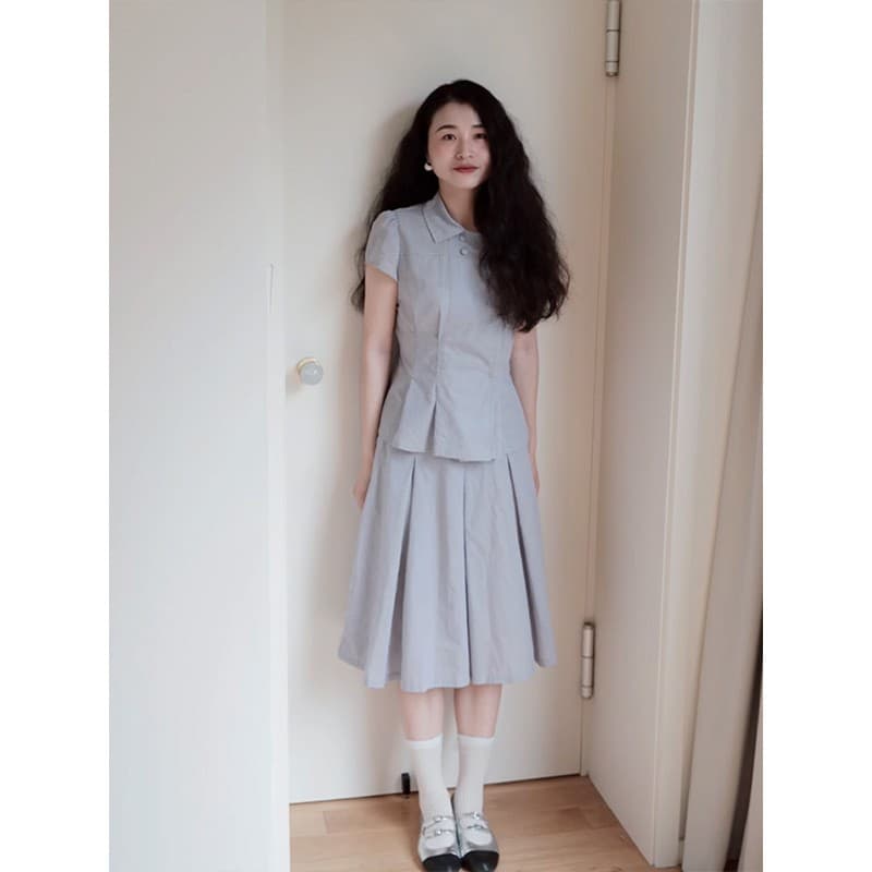 정가 프랑스식 부드러운 바람 폴로 칼라 반팔 셔츠 맨위 여성 하이웨이스트 한 마디 체크무늬 반신 치마 세트 상세 이미지 2