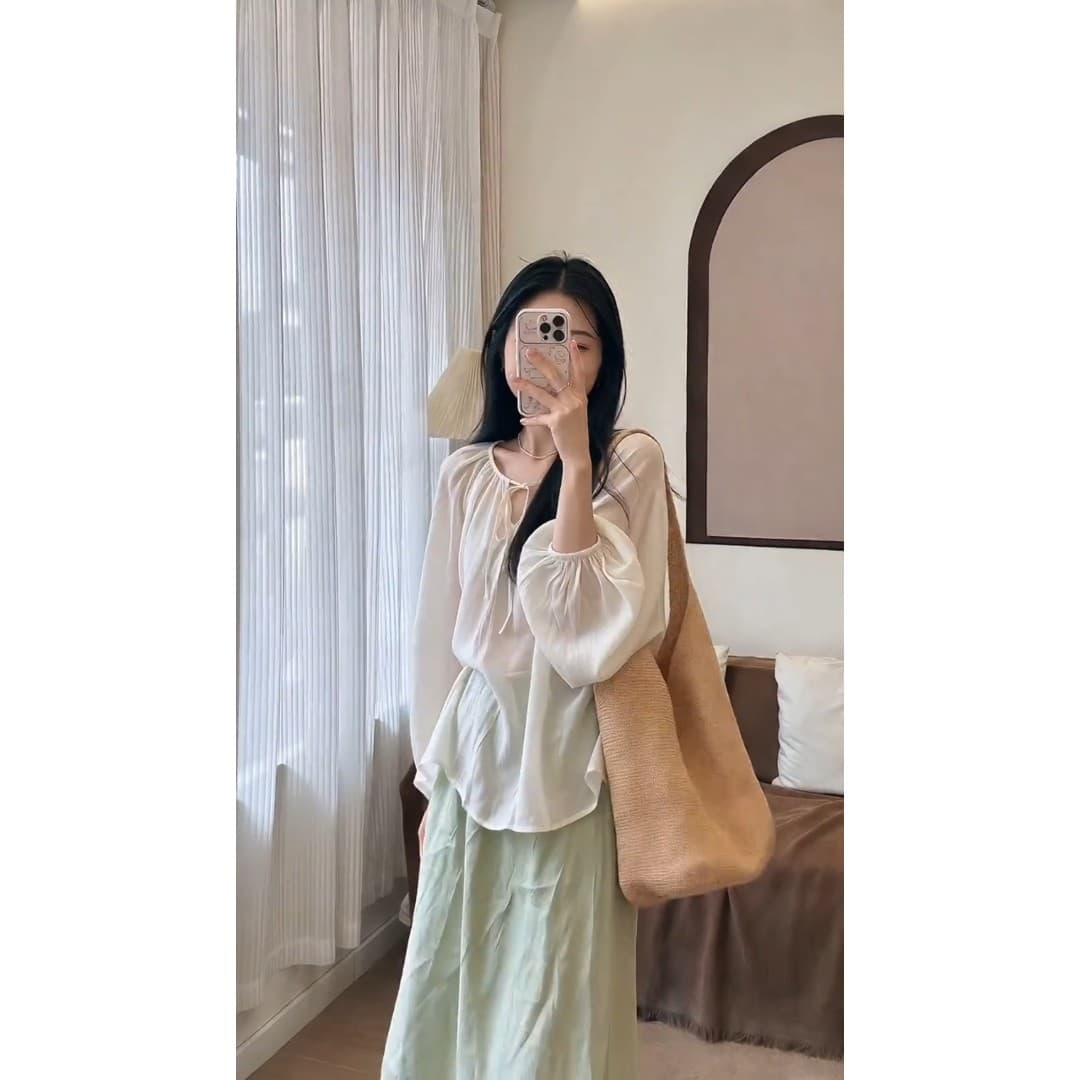정가 프랑스식 부드러운 바람 레이스업 긴팔 셔츠 맨위 여성 품격 하이웨이스트 슬림해 보이는 반신 치마 세트 상세 이미지 3