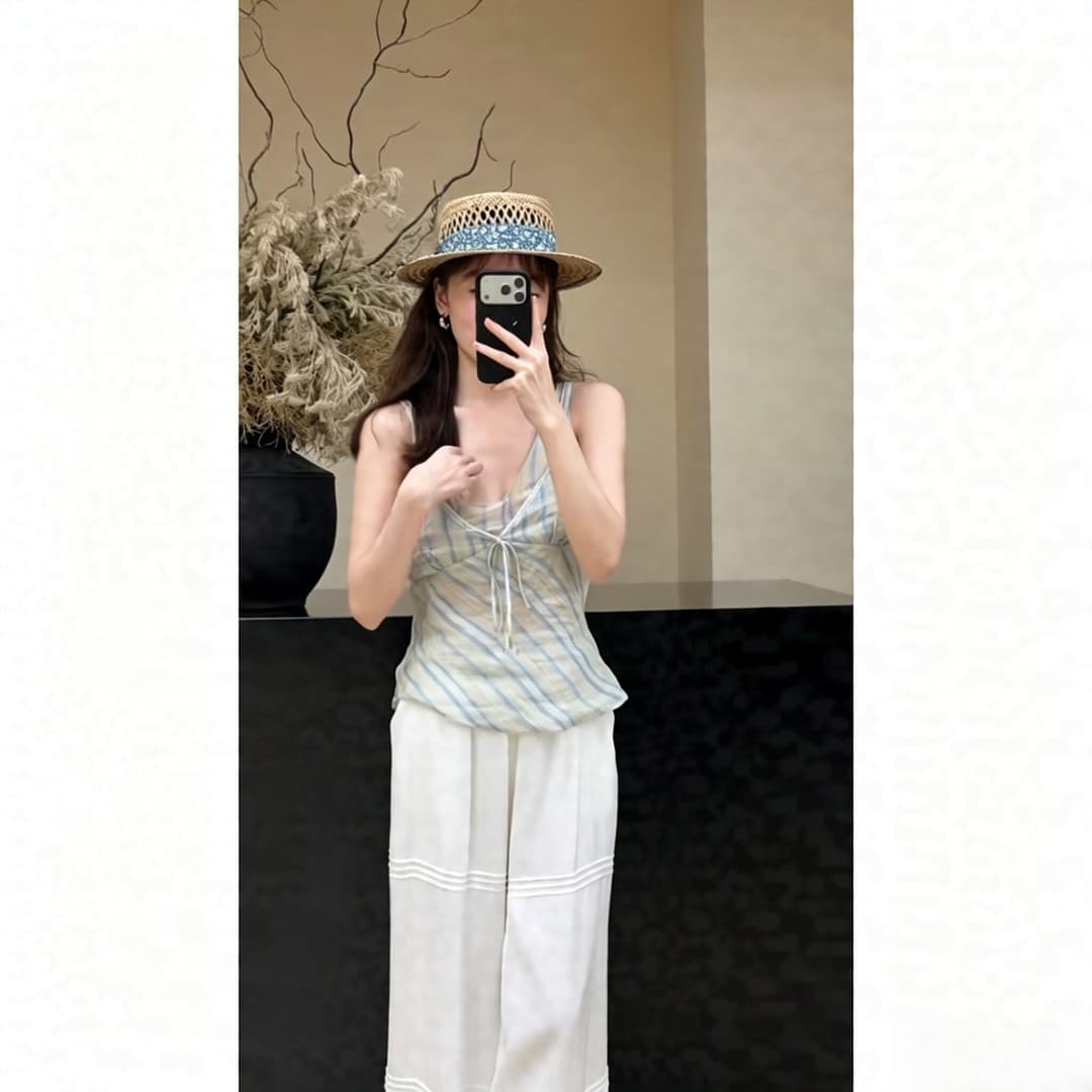 정가 한 부서 디자인 센스 스트라이프 행침 목 조끼 맨위 여성 여름 루즈핏 넓은 다리 캐주얼 바지 세트 이미지 3