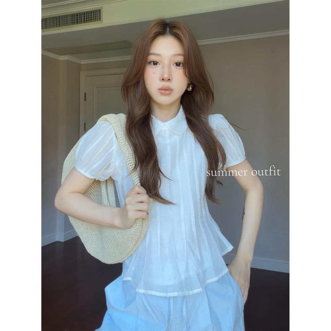 정가 프랑스식 디자인 센스 베이비 칼라 반팔 셔츠 맨위 여성 여름 하이웨이스트 슬림해 보이는 캐주얼 바지 세트 이미지 4