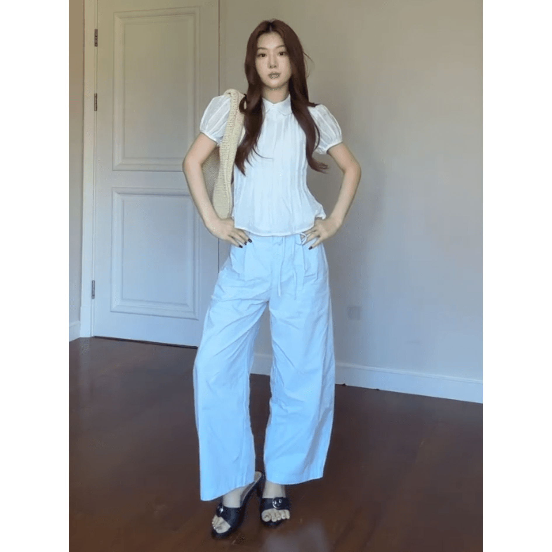 정가 프랑스식 디자인 센스 베이비 칼라 반팔 셔츠 맨위 여성 여름 하이웨이스트 슬림해 보이는 캐주얼 바지 세트 이미지 6