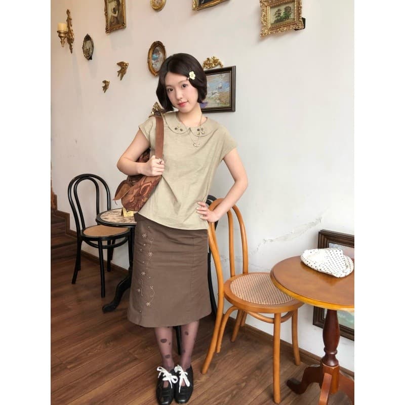정가 프랑스식 오래된 돈 바람 베이비 칼라 반팔 셔츠 레트로 디자인 센스 인어 꼬리 반신 스커트 여성복 이미지 4