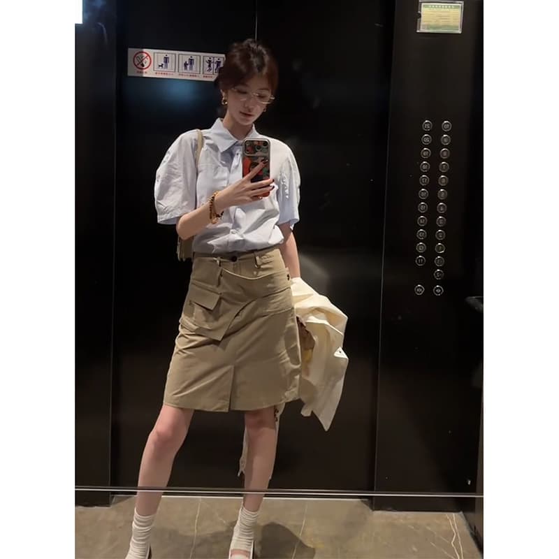 정가 한 부서 출퇴근 바람 루즈핏 폴로 칼라 반팔 여성 셔츠 여름 품격 슬림해 보이는 반신 치마 세트 이미지 2