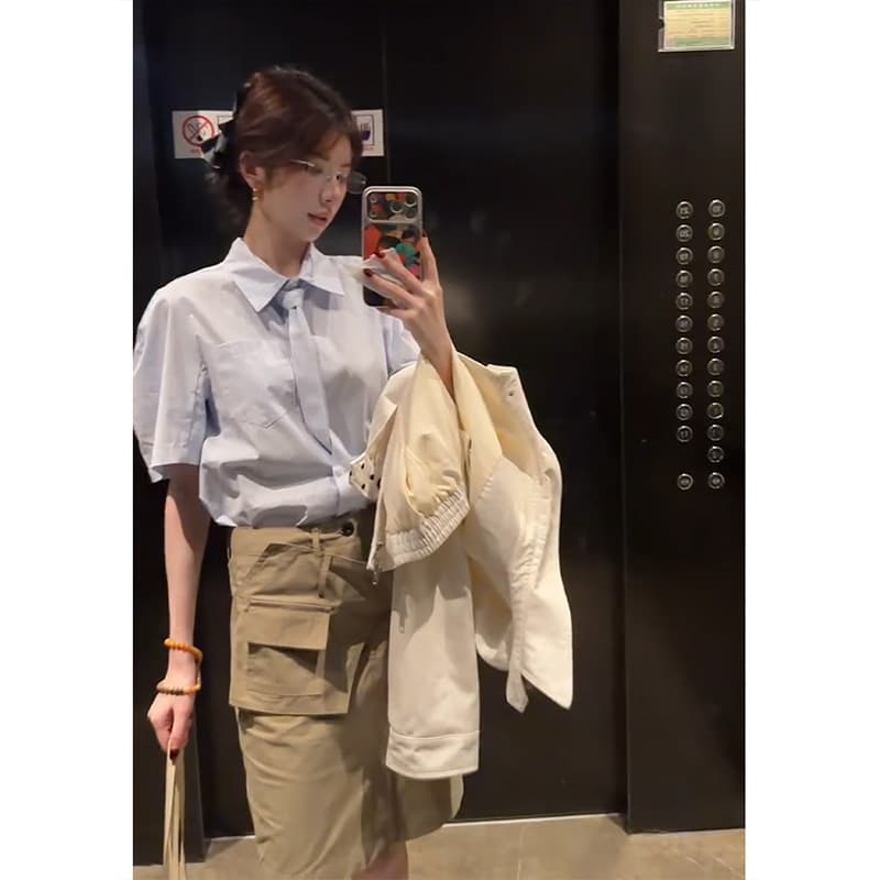정가 한 부서 출퇴근 바람 루즈핏 폴로 칼라 반팔 여성 셔츠 여름 품격 슬림해 보이는 반신 치마 세트 이미지 3