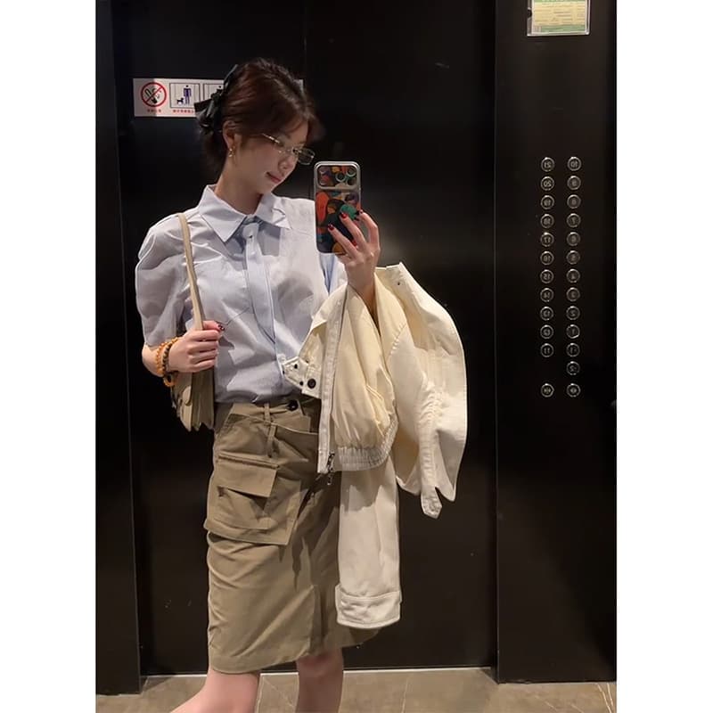 정가 한 부서 출퇴근 바람 루즈핏 폴로 칼라 반팔 여성 셔츠 여름 품격 슬림해 보이는 반신 치마 세트 상세 이미지 2