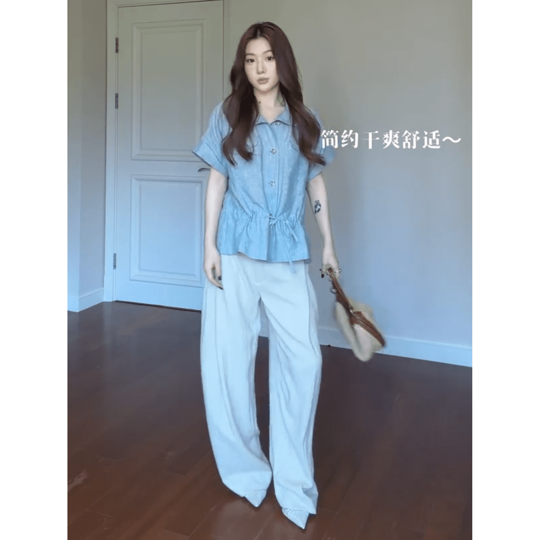 정가 한 부서 디자인 센스 폴로 칼라 반팔 셔츠 맨위 여성 루즈핏 슬림해 보이는 넓은 다리 캐주얼 바지 세트 이미지 6