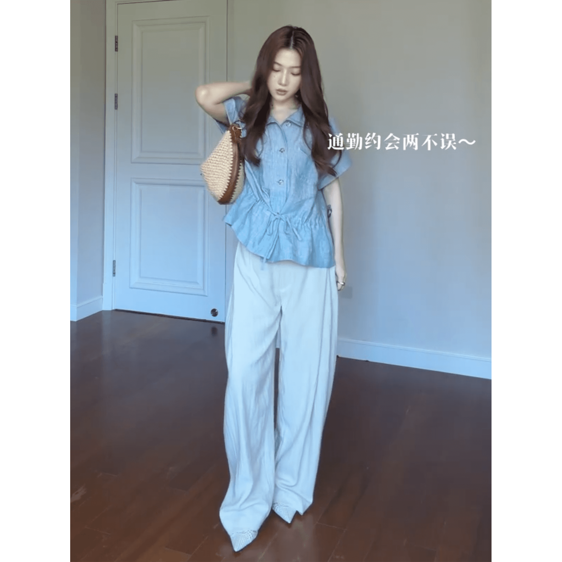 정가 한 부서 디자인 센스 폴로 칼라 반팔 셔츠 맨위 여성 루즈핏 슬림해 보이는 넓은 다리 캐주얼 바지 세트 상세 이미지 2
