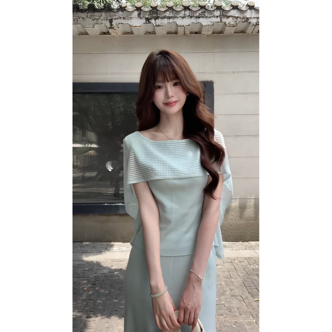 정가 부드러운 감기 센스 니트 세트 여성 여름 통기성 메시 그리드 숄 니트 블라우스 가져 가라. 하이웨이스트 인어 꼬리 스커트 이미지 5