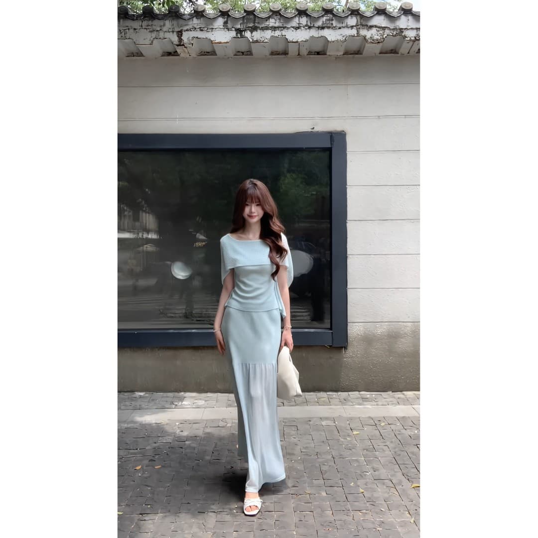 정가 부드러운 감기 센스 니트 세트 여성 여름 통기성 메시 그리드 숄 니트 블라우스 가져 가라. 하이웨이스트 인어 꼬리 스커트 이미지 6