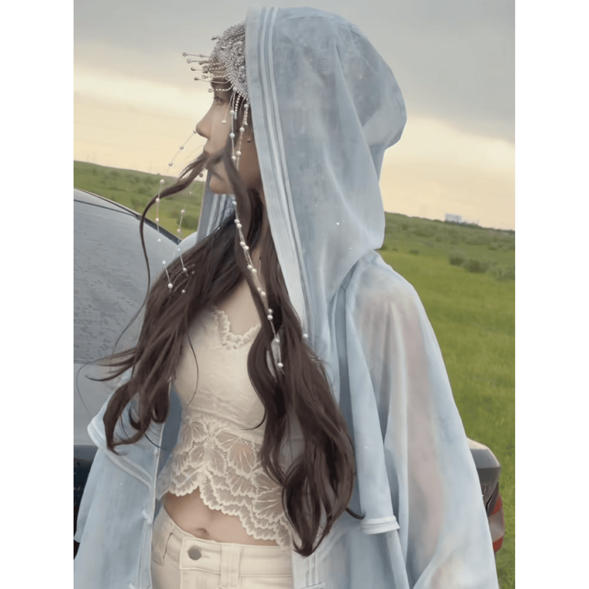 정가 한 부서 부드러운 바람 얇은 스타일 긴팔 후드 여성 코트 여름 하이웨이스트 슬림해 보이는 캐주얼 반바지 세트 상세 이미지 5