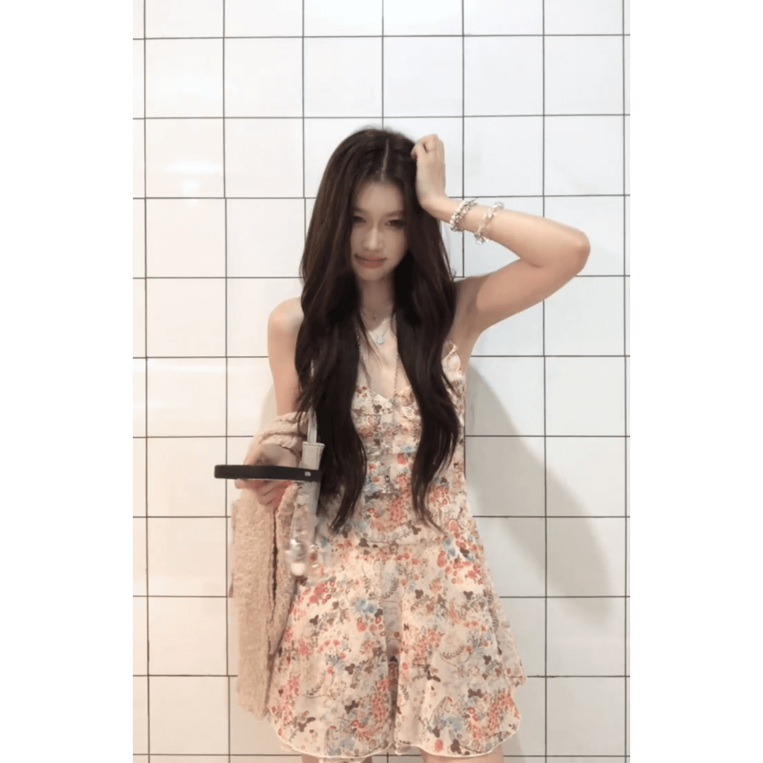 정가 달콤한 스타일 꽃무늬 V넥 슬립 여성 드레스 여름 패션 품격 긴팔 오픈 가디건 세트 상세 이미지 4