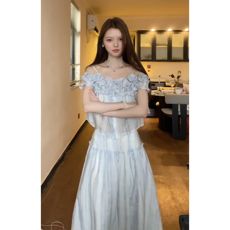 정가 프랑스식 목이버섯 레이스 쇼트 스타일 슬립 맨위 여성 여름 하이웨이스트 슬림해 보이는 한 마디 반신 치마 세트 이미지 5