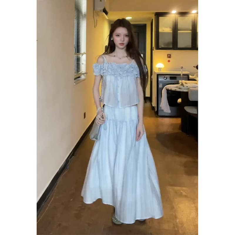 정가 프랑스식 목이버섯 레이스 쇼트 스타일 슬립 맨위 여성 여름 하이웨이스트 슬림해 보이는 한 마디 반신 치마 세트 상세 이미지 2