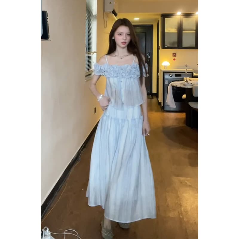 정가 프랑스식 목이버섯 레이스 쇼트 스타일 슬립 맨위 여성 여름 하이웨이스트 슬림해 보이는 한 마디 반신 치마 세트 상세 이미지 3