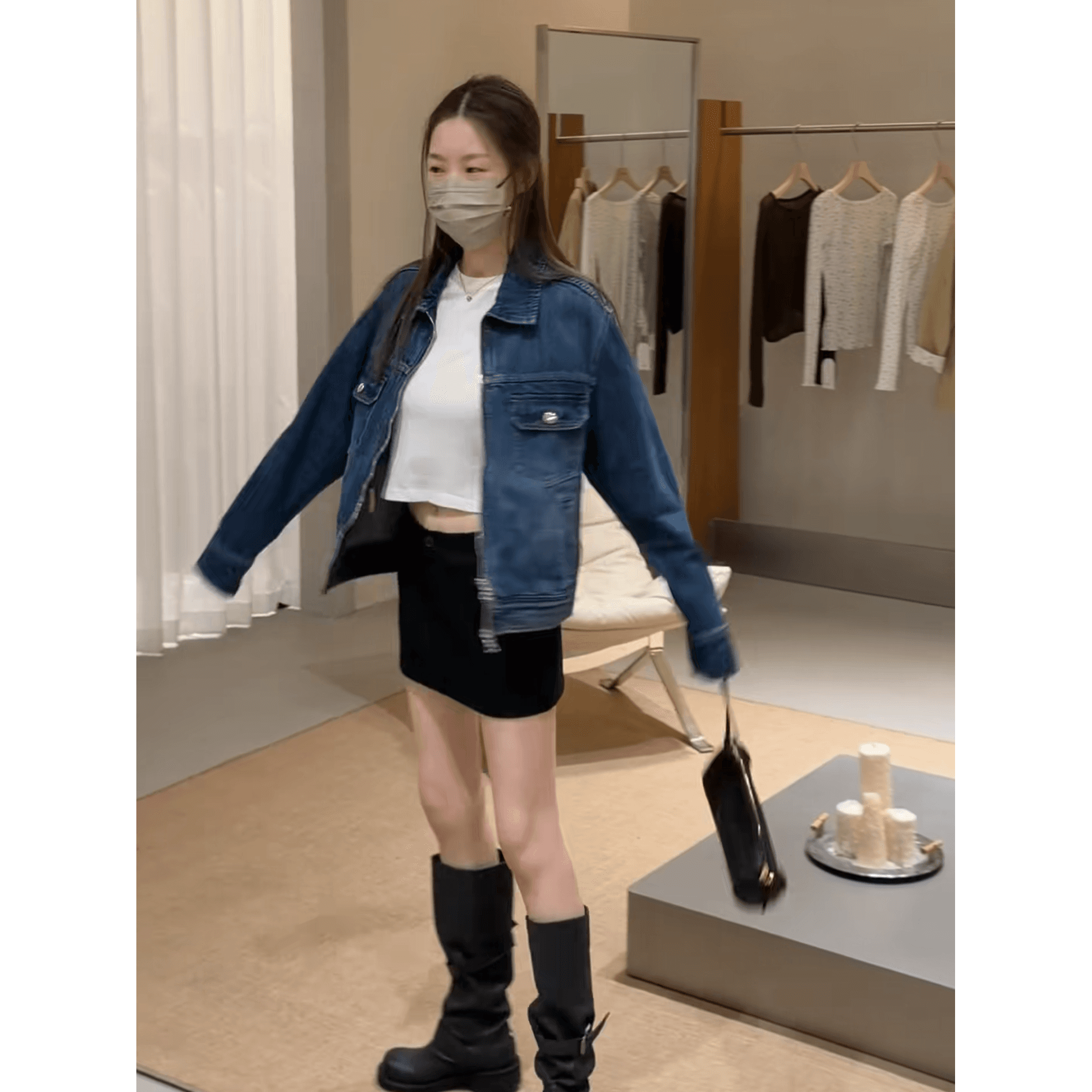 정가 한 부서 레트로 파란색 긴팔 데님 여성 코트 이른 가을 하이웨이스트 한 마디 반신 스커트 투피스 세트 이미지 6