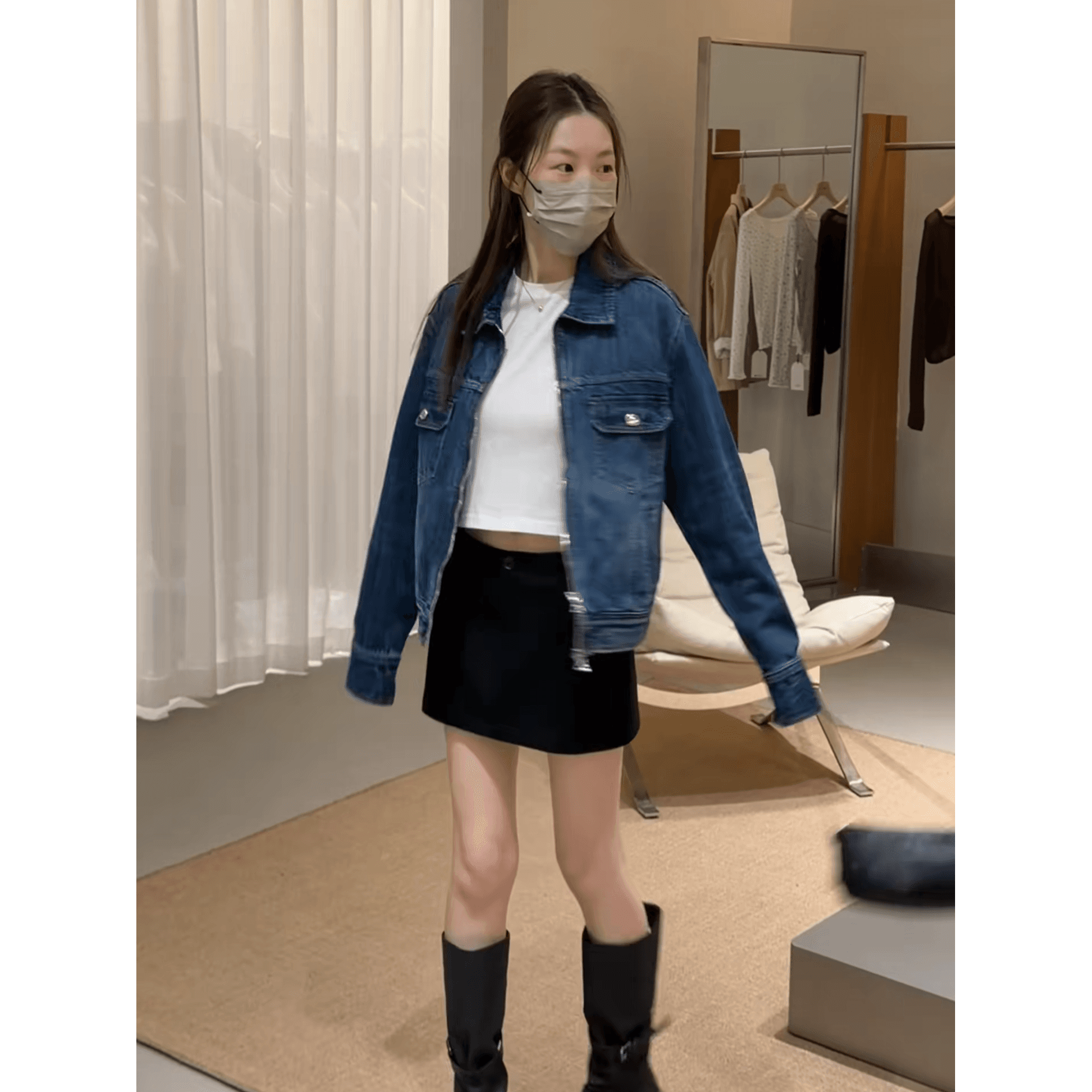 정가 한 부서 레트로 파란색 긴팔 데님 여성 코트 이른 가을 하이웨이스트 한 마디 반신 스커트 투피스 세트 상세 이미지 3