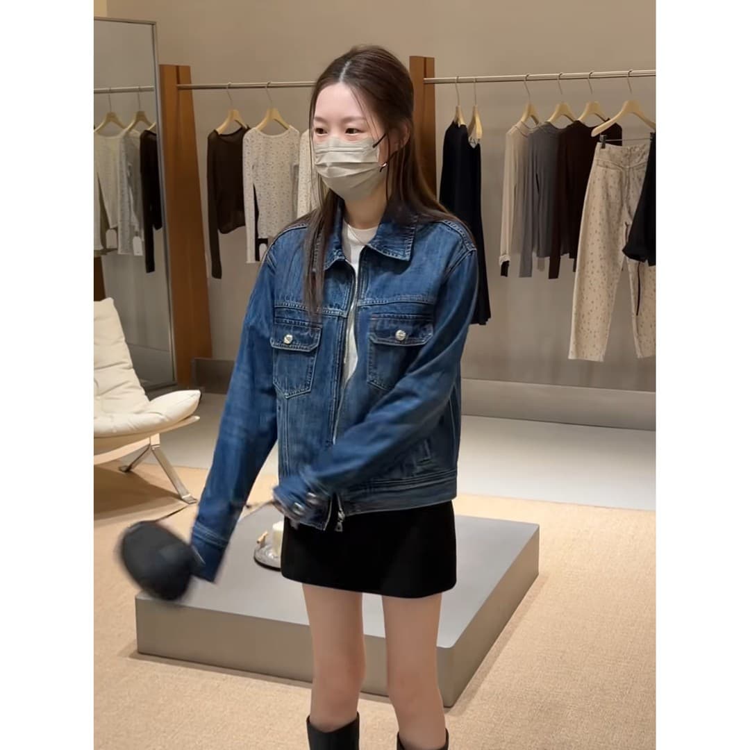 정가 한 부서 레트로 파란색 긴팔 데님 여성 코트 이른 가을 하이웨이스트 한 마디 반신 스커트 투피스 세트 상세 이미지 6