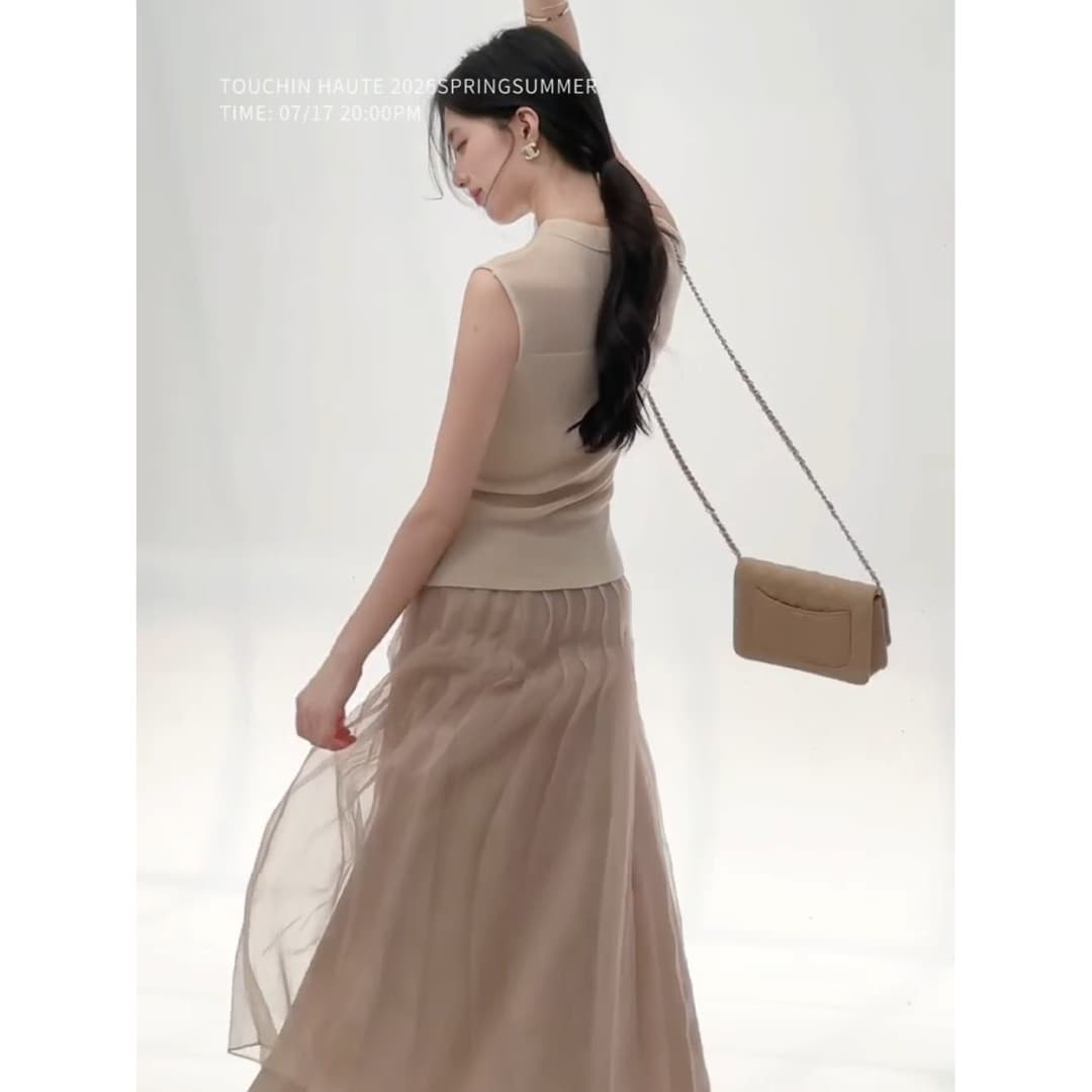 정가 달콤함 부드러운 바람 민소매 조끼 맨위 여성 여름 새로운 한 마디 망사 반신 치마 세트 상세 이미지 5