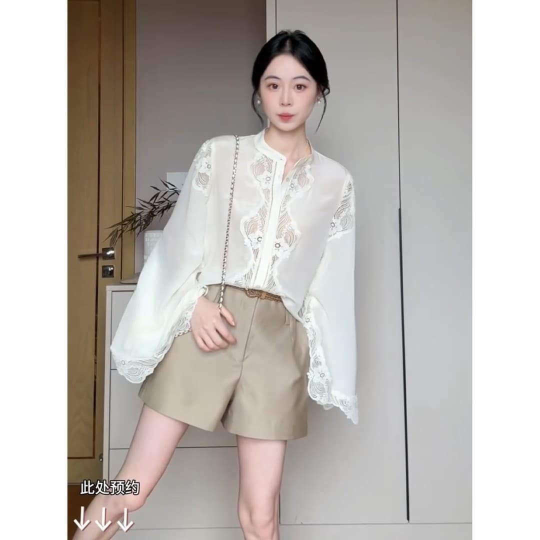 정가 이른 가을 빛 럭셔리 바람 홀로우 아웃 레이스 여성 셔츠 천 골드 디자인 센스 하이웨이스트 반바지 고귀한 세트 상세 이미지 5