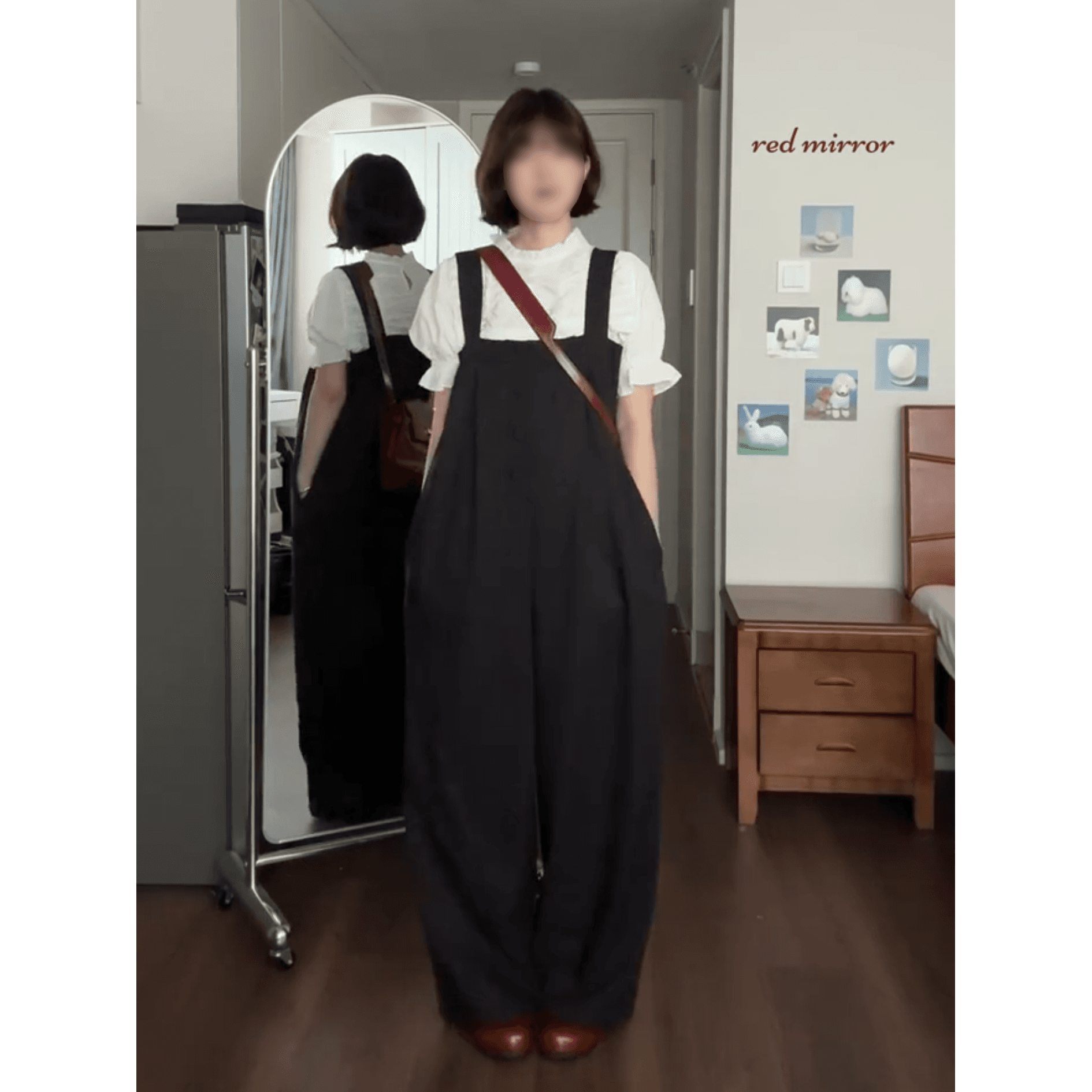 정가 한 부서 달콤한 스타일 프릴 거품 소매 여성 셔츠 단추 루즈핏 멜빵 긴 바지 세트 이미지 4